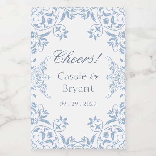 Elegant blauw en wit juichen stijlvolle bruiloft wijn etiket (Enkel label)