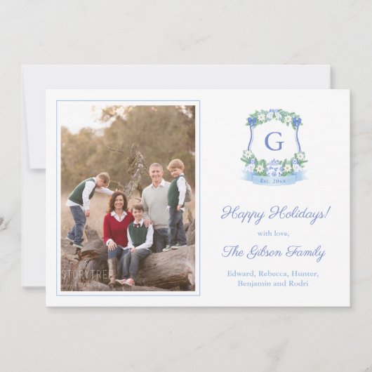 Elegant blauw en wit kerstmonogram foto feestdagenkaart (Voorkant)