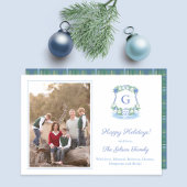 Elegant blauw en wit kerstmonogram foto feestdagenkaart