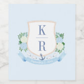 Elegant blauw en wit kusthuwelijk monogram wijn etiket (Enkel label)
