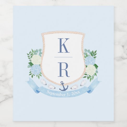 Elegant blauw en wit kusthuwelijk monogram wijn etiket (Enkel label)