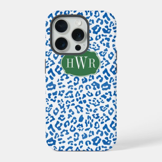 Elegant blauw en wit luipaard print monogram iPhone hoesje (Achterkant)