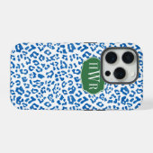 Elegant blauw en wit luipaard print monogram iPhone hoesje (Achterkant horizontaal)