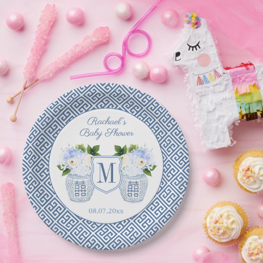 Elegant blauw en wit monogram bloemig Baby shower Papieren Bordje (Feest)