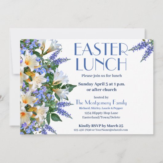 Elegant Blauw en Wit Pasen Lunch Uitnodiging (Voorkant)