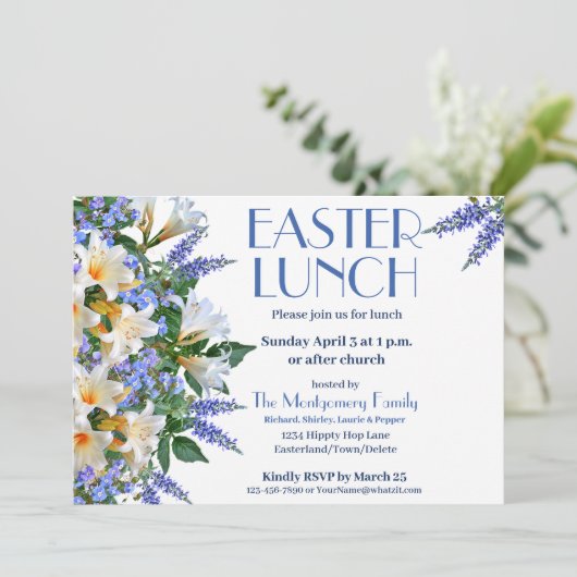 Elegant Blauw en Wit Pasen Lunch Uitnodiging (Staand voorkant)