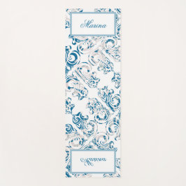 Elegant blauw en wit patroon en jouw naam yogamat