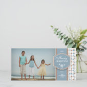 Elegant blauw en wit patroon kerstfotokaart feestdagenkaart (Staand voorkant)