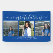 Elegant Blauw en Wit Script Afstuderen Foto Spandoek (Horizontaal)