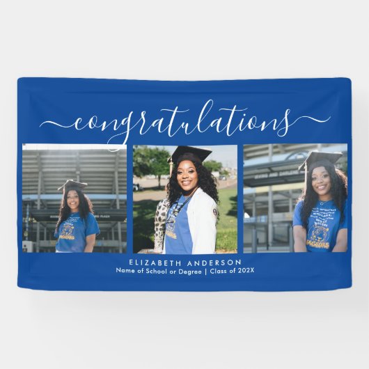 Elegant Blauw en Wit Script Afstuderen Foto Spandoek (Horizontaal)