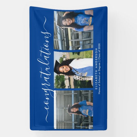Elegant Blauw en Wit Script Afstuderen Foto Spandoek (Verticaal)