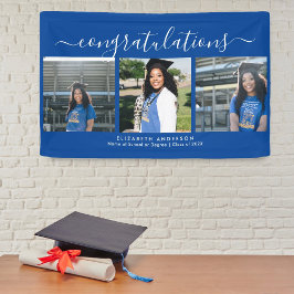 Elegant Blauw en Wit Script Afstuderen Foto Spandoek