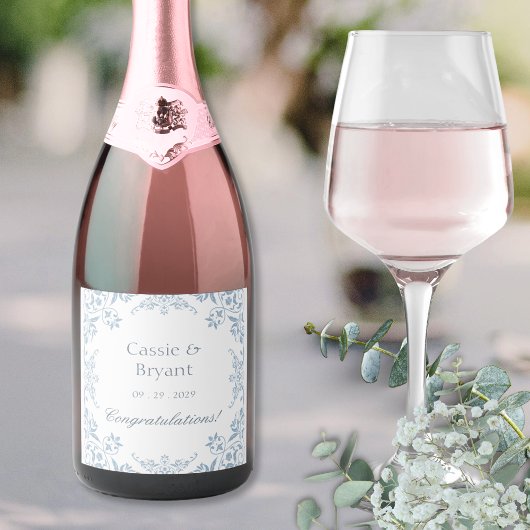 Elegant blauw en wit stijlvolle bruiloft champagne sparkling wijnetiket