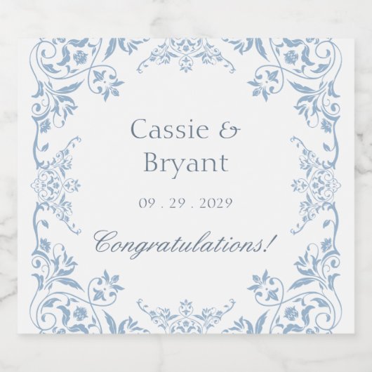 Elegant blauw en wit stijlvolle bruiloft champagne sparkling wijnetiket (Enkel label)