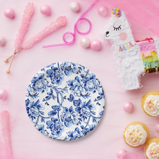 Elegant Blauw en Wit Tegel Bloemen Papieren Bordje (Feest)