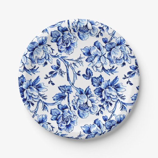 Elegant Blauw en Wit Tegel Bloemen Papieren Bordje (Voorkant)