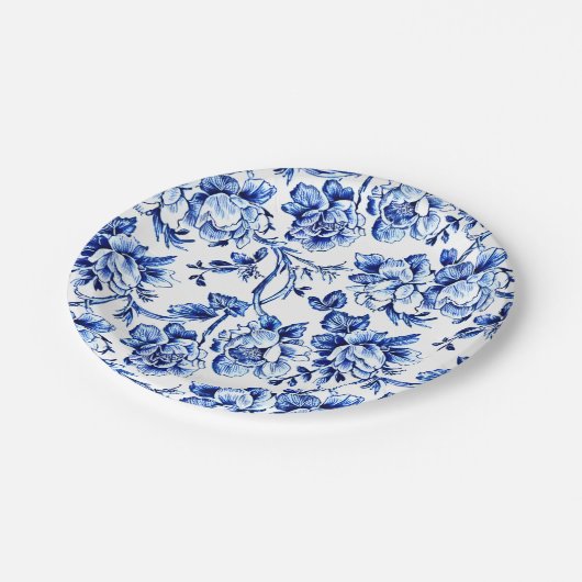 Elegant Blauw en Wit Tegel Bloemen Papieren Bordje (Gekanteld)