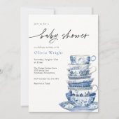 Elegant blauw en wit theekopje Baby shower Kaart (Voorkant)