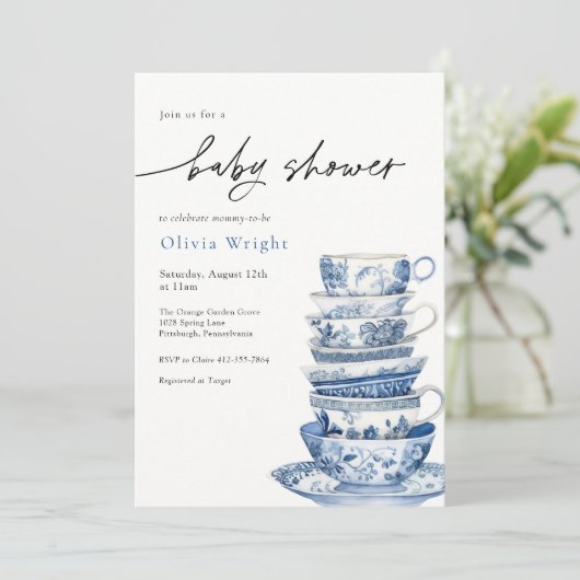 Elegant blauw en wit theekopje Baby shower Kaart (Staand voorkant)