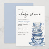 Elegant blauw en wit theekopje Baby shower Kaart (Voorkant / Achterkant)