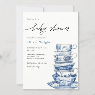 Elegant blauw en wit theekopje Baby shower Kaart