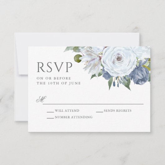 Elegant Blauw en Wit Waterverf Bloemen RSVP (Voorkant)