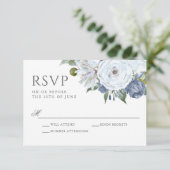 Elegant Blauw en Wit Waterverf Bloemen RSVP (Staand voorkant)