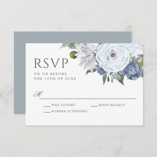 Elegant Blauw en Wit Waterverf Bloemen RSVP (Voorkant / Achterkant)