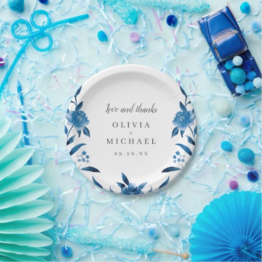 Elegant blauw en wit waterverf bloemenbruiloft papieren bordje (Feest)