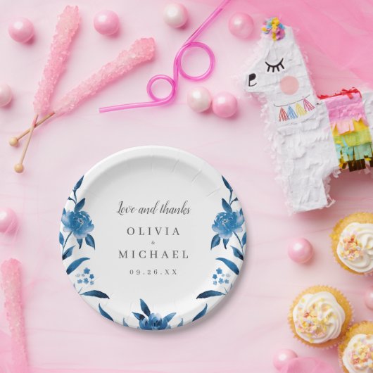 Elegant blauw en wit waterverf bloemenbruiloft papieren bordje (Feest)