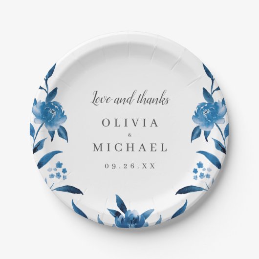 Elegant blauw en wit waterverf bloemenbruiloft papieren bordje (Voorkant)