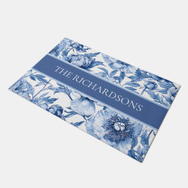 Elegant Blauw en Witte Bloemen Bloemmotief Deurmat