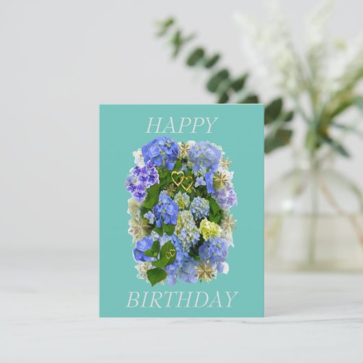 ELEGANT BLAUW EN WITTE HYDRANGEA HAPPY BIRTHDAY (Staand voorkant)