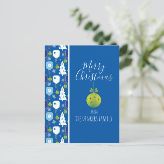 Elegant blauw en witte kerstpickleball briefkaart (Staand voorkant)