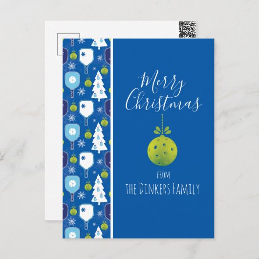 Elegant blauw en witte kerstpickleball briefkaart (Voorkant / Achterkant)
