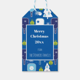 Elegant blauw en witte kerstpickleball cadeaulabel