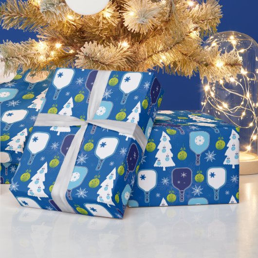 Elegant blauw en witte kerstpickleball  cadeaupapier (Feestdagen)
