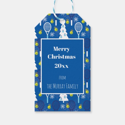 Elegant blauw en witte kersttennis cadeaulabel (Voorkant)