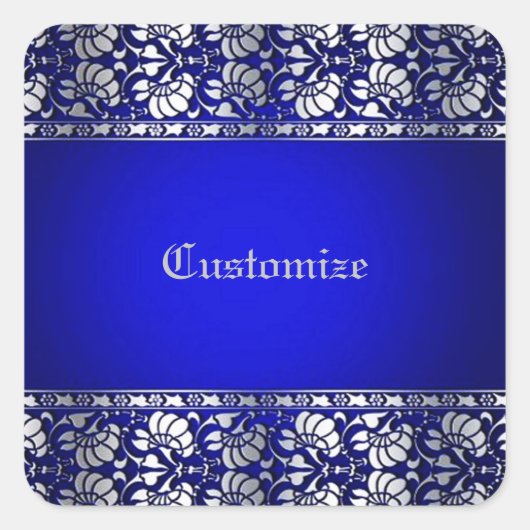 Elegant blauw en zilver gepersonaliseerd vierkante sticker (Voorkant)