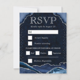 Elegant Blauw en Zilver Glitter Agate Bruiloft RSVP Kaartje