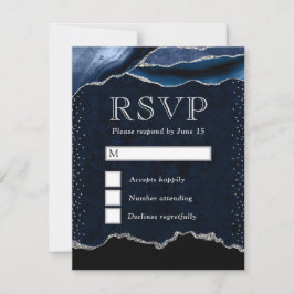 Elegant Blauw en Zilver Glitter Marmer Agaat RSVP Kaartje