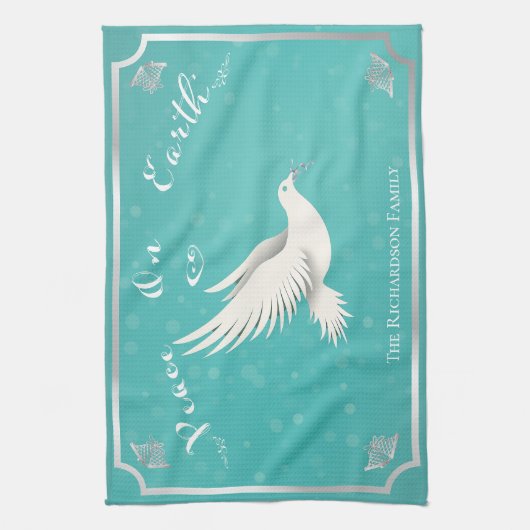 Elegant Blauw en Zilver 'Peace On Earth' Vakantie Theedoek (Verticaal)