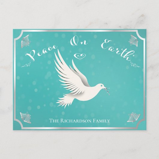 Elegant Blauw en Zilver 'Vrede op Aarde' Kerstmis Briefkaart (Voorkant)