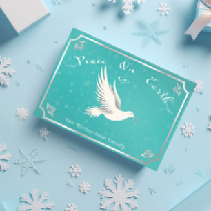 Elegant Blauw en Zilver 'Vrede op Aarde' Kerstmis Briefkaart