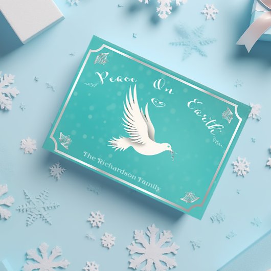 Elegant Blauw en Zilver 'Vrede op Aarde' Kerstmis Briefkaart
