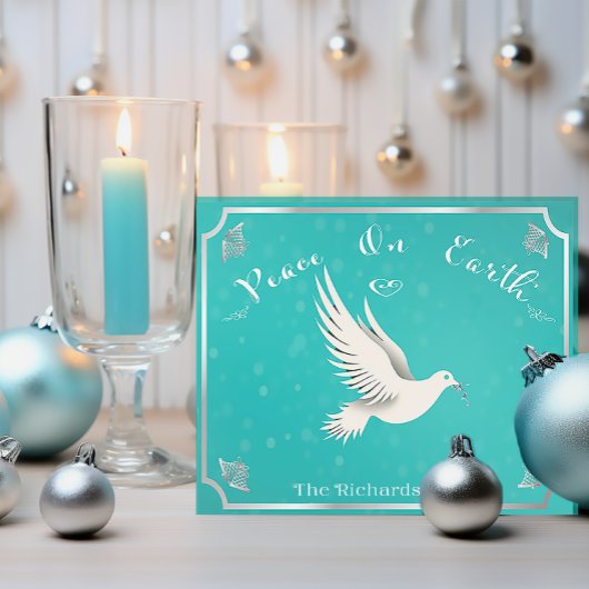 Elegant Blauw en Zilver 'Vrede op Aarde' Kerstmis Briefkaart