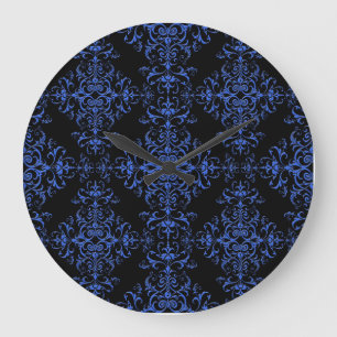 Elegant blauw en zwart bloemmotief in damaststijl grote klok