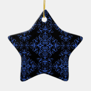 Elegant blauw en zwart bloemmotief in damaststijl keramisch ornament