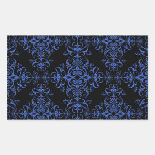 Elegant blauw en zwart bloemmotief in damaststijl rechthoekige sticker