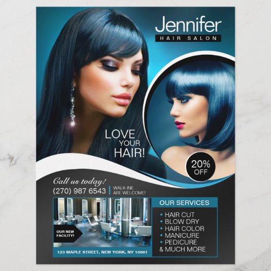 Elegant Blauw en Zwart Haar Salon Flyer (Voorkant)